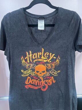Harley-Davidson Black V-Neck Tee with Orange & White Logo